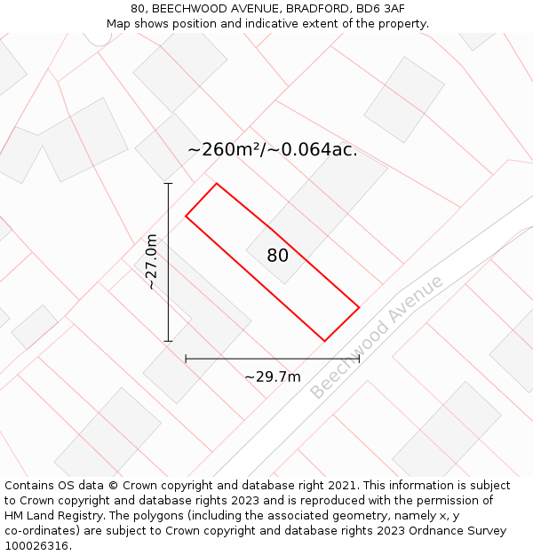 80, BEECHWOOD AVENUE, BRADFORD, BD6 3AF: Plot and title map