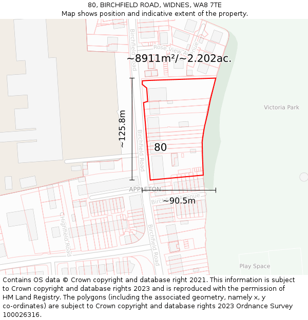 80, BIRCHFIELD ROAD, WIDNES, WA8 7TE: Plot and title map
