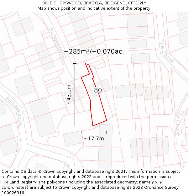 80, BISHOPSWOOD, BRACKLA, BRIDGEND, CF31 2LY: Plot and title map