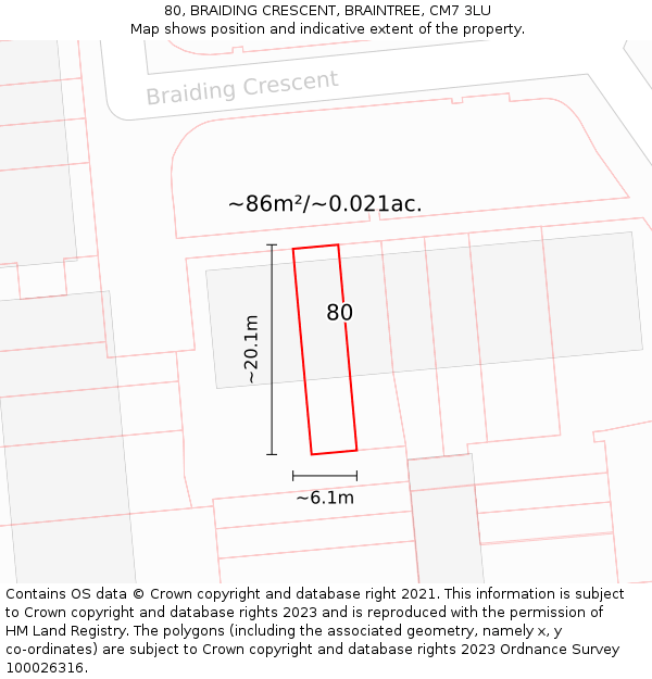 80, BRAIDING CRESCENT, BRAINTREE, CM7 3LU: Plot and title map