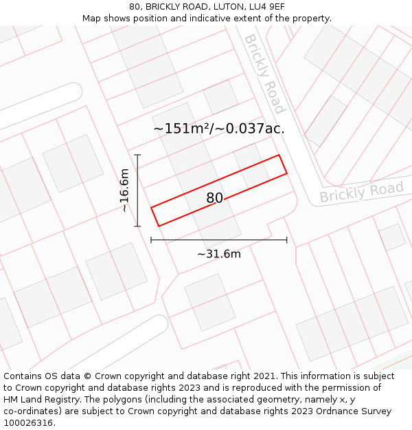 80, BRICKLY ROAD, LUTON, LU4 9EF: Plot and title map
