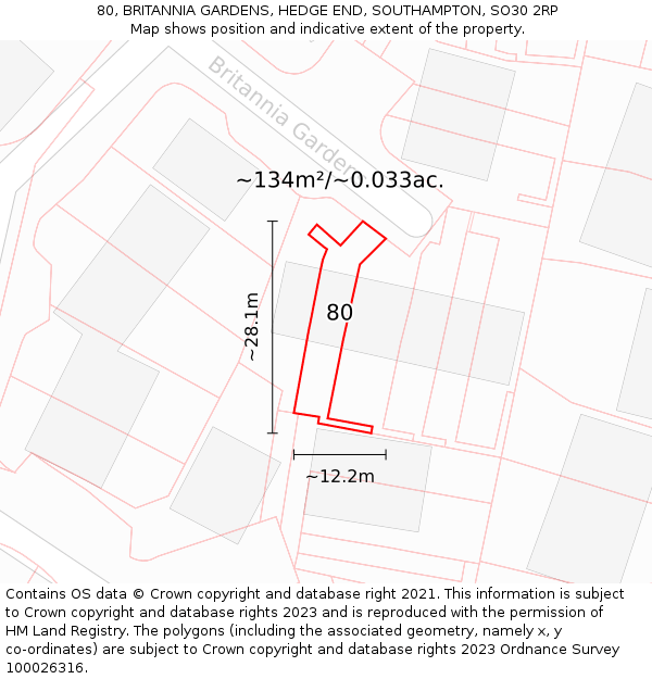80, BRITANNIA GARDENS, HEDGE END, SOUTHAMPTON, SO30 2RP: Plot and title map
