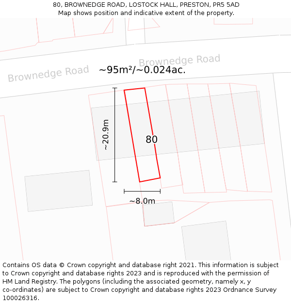 80, BROWNEDGE ROAD, LOSTOCK HALL, PRESTON, PR5 5AD: Plot and title map