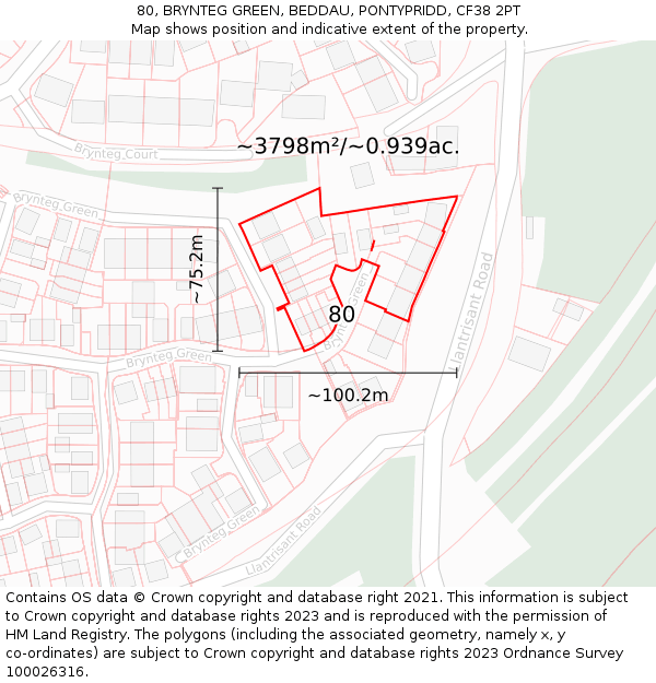 80, BRYNTEG GREEN, BEDDAU, PONTYPRIDD, CF38 2PT: Plot and title map