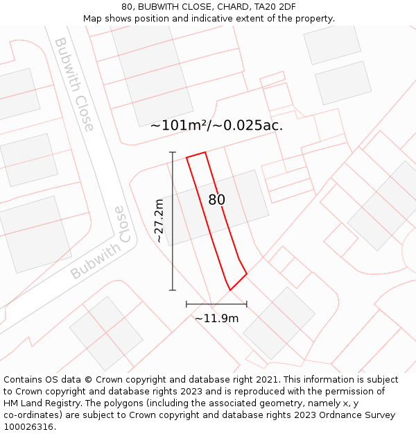 80, BUBWITH CLOSE, CHARD, TA20 2DF: Plot and title map