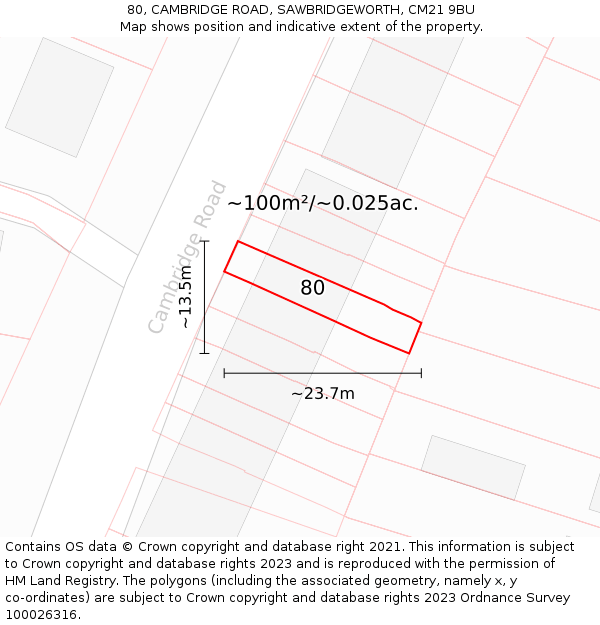 80, CAMBRIDGE ROAD, SAWBRIDGEWORTH, CM21 9BU: Plot and title map