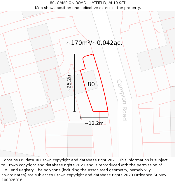 80, CAMPION ROAD, HATFIELD, AL10 9FT: Plot and title map