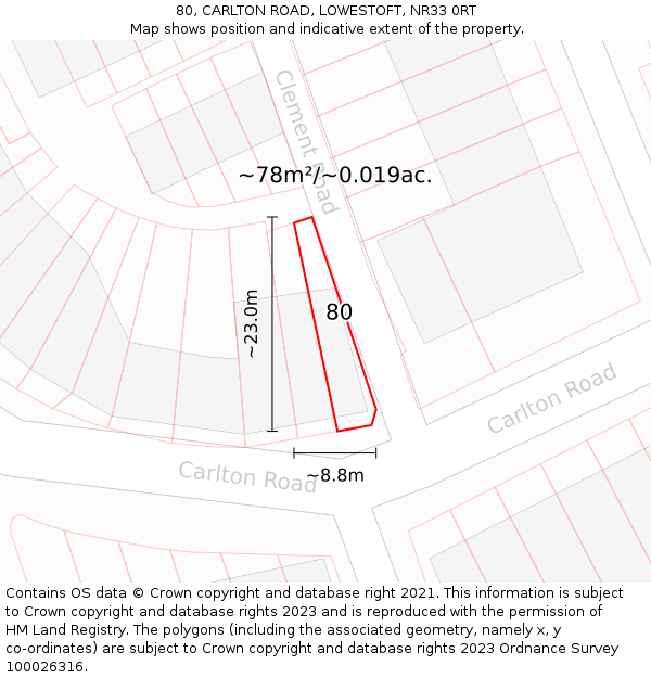 80, CARLTON ROAD, LOWESTOFT, NR33 0RT: Plot and title map