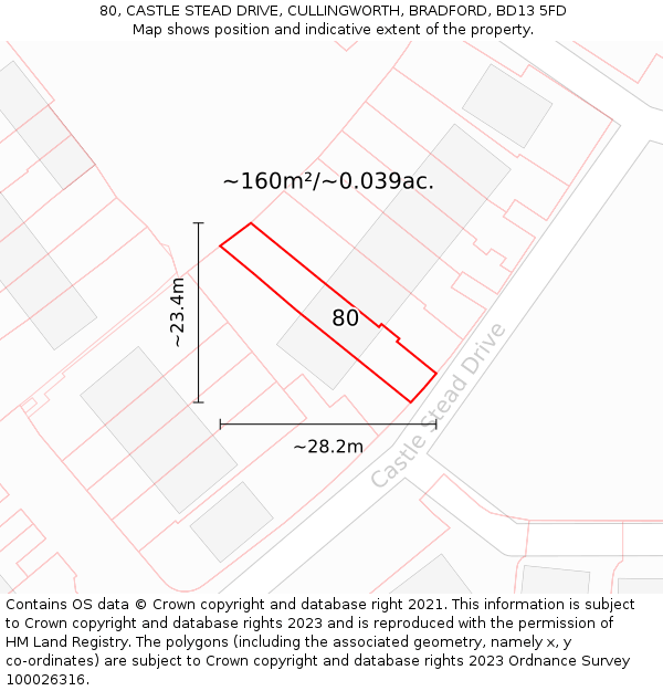 80, CASTLE STEAD DRIVE, CULLINGWORTH, BRADFORD, BD13 5FD: Plot and title map