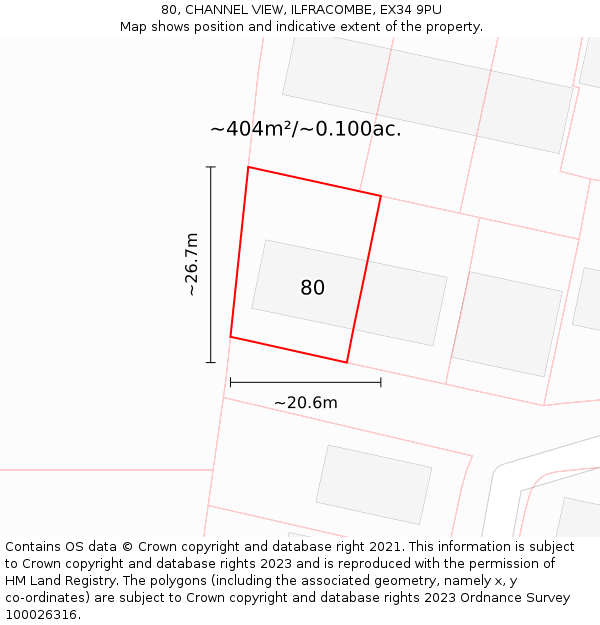 80, CHANNEL VIEW, ILFRACOMBE, EX34 9PU: Plot and title map