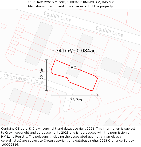80, CHARNWOOD CLOSE, RUBERY, BIRMINGHAM, B45 0JZ: Plot and title map