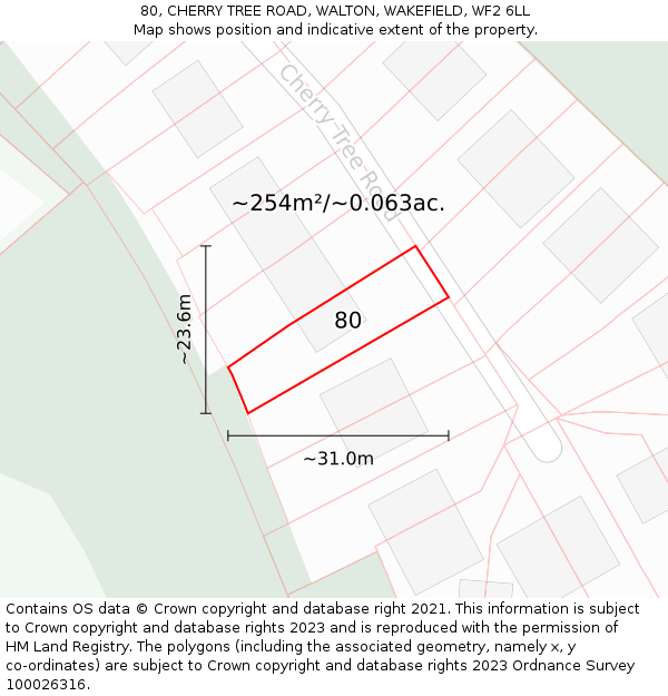 80, CHERRY TREE ROAD, WALTON, WAKEFIELD, WF2 6LL: Plot and title map