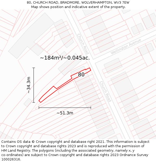 80, CHURCH ROAD, BRADMORE, WOLVERHAMPTON, WV3 7EW: Plot and title map