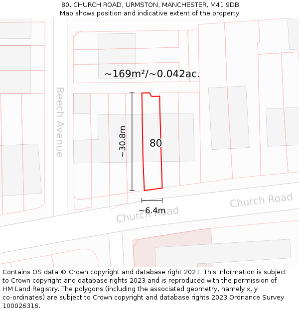 80, CHURCH ROAD, URMSTON, MANCHESTER, M41 9DB: Plot and title map