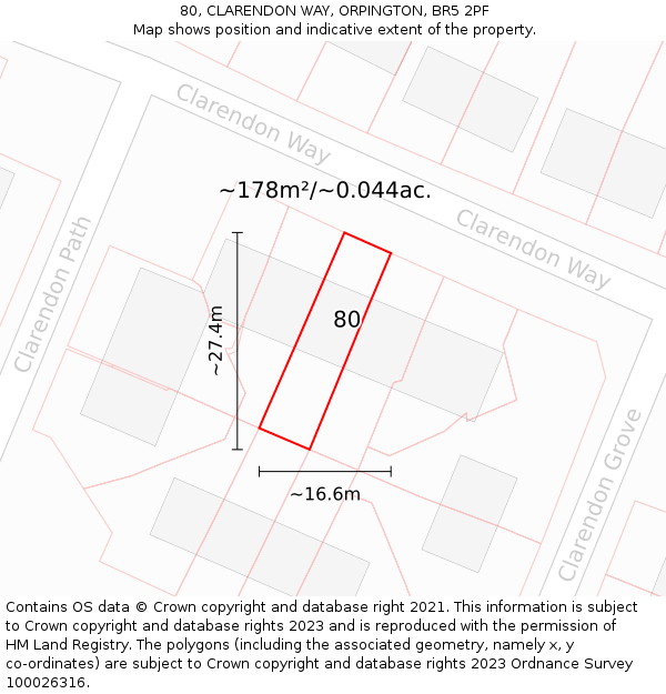 80, CLARENDON WAY, ORPINGTON, BR5 2PF: Plot and title map