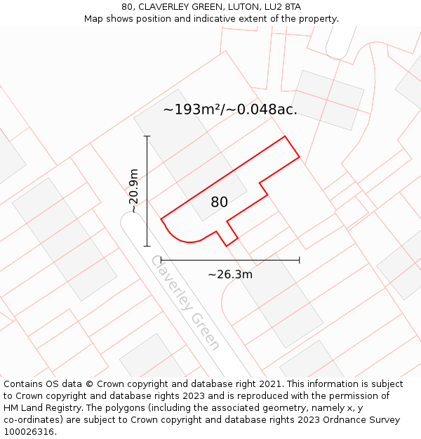 80, CLAVERLEY GREEN, LUTON, LU2 8TA: Plot and title map