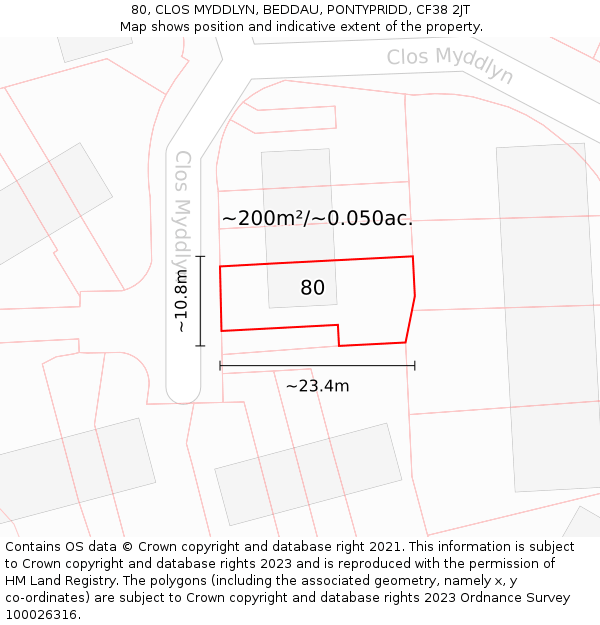 80, CLOS MYDDLYN, BEDDAU, PONTYPRIDD, CF38 2JT: Plot and title map