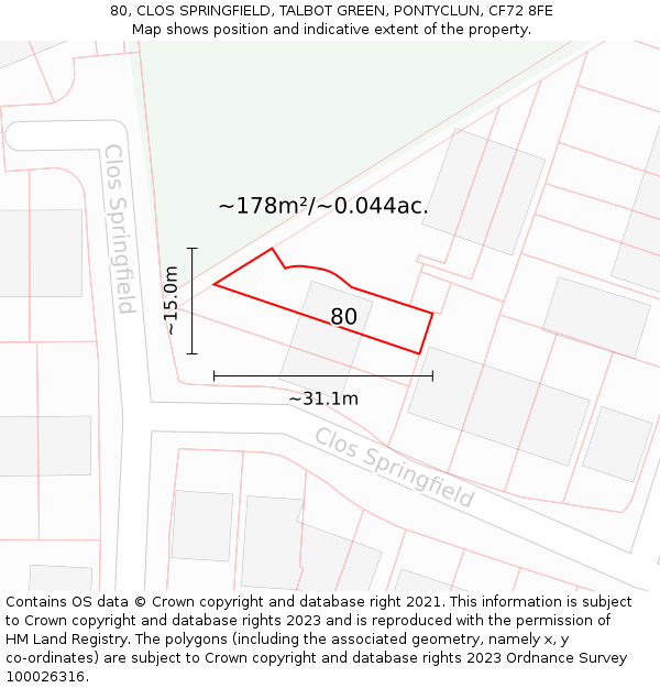 80, CLOS SPRINGFIELD, TALBOT GREEN, PONTYCLUN, CF72 8FE: Plot and title map