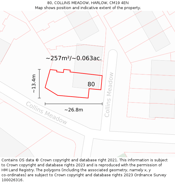 80, COLLINS MEADOW, HARLOW, CM19 4EN: Plot and title map