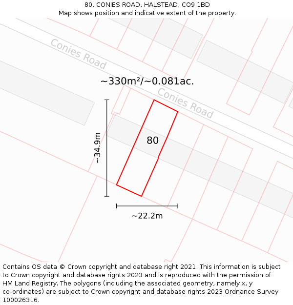 80, CONIES ROAD, HALSTEAD, CO9 1BD: Plot and title map