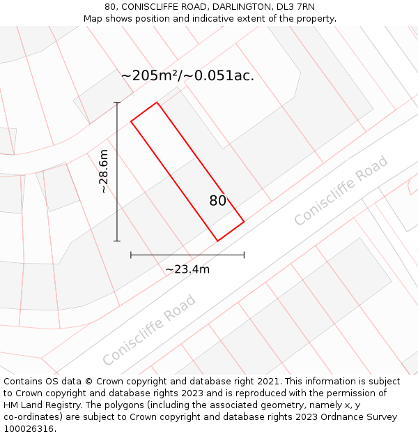 80, CONISCLIFFE ROAD, DARLINGTON, DL3 7RN: Plot and title map