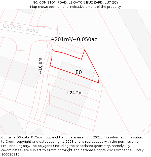 80, CONISTON ROAD, LEIGHTON BUZZARD, LU7 2QY: Plot and title map