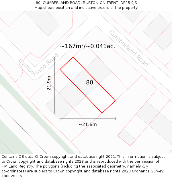 80, CUMBERLAND ROAD, BURTON-ON-TRENT, DE15 9JS: Plot and title map