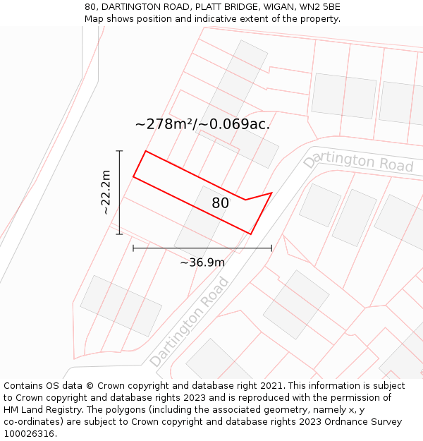 80, DARTINGTON ROAD, PLATT BRIDGE, WIGAN, WN2 5BE: Plot and title map