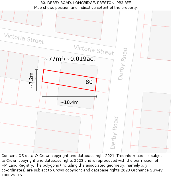 80, DERBY ROAD, LONGRIDGE, PRESTON, PR3 3FE: Plot and title map
