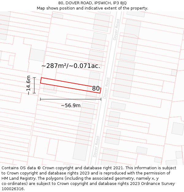 80, DOVER ROAD, IPSWICH, IP3 8JQ: Plot and title map