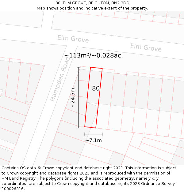80, ELM GROVE, BRIGHTON, BN2 3DD: Plot and title map