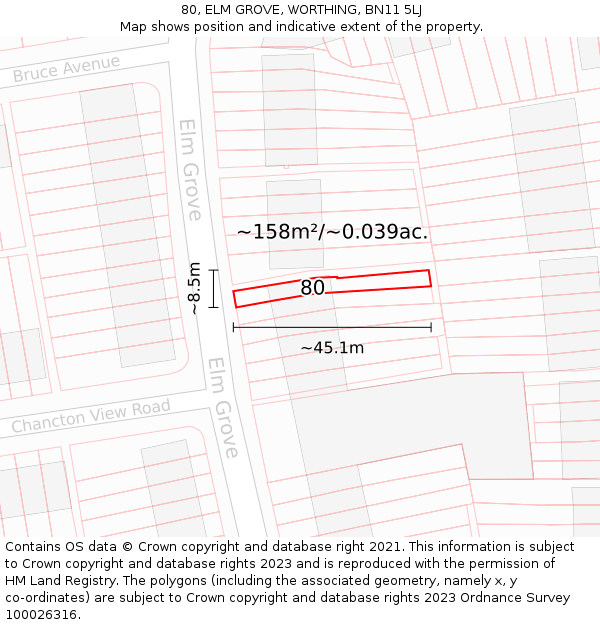 80, ELM GROVE, WORTHING, BN11 5LJ: Plot and title map