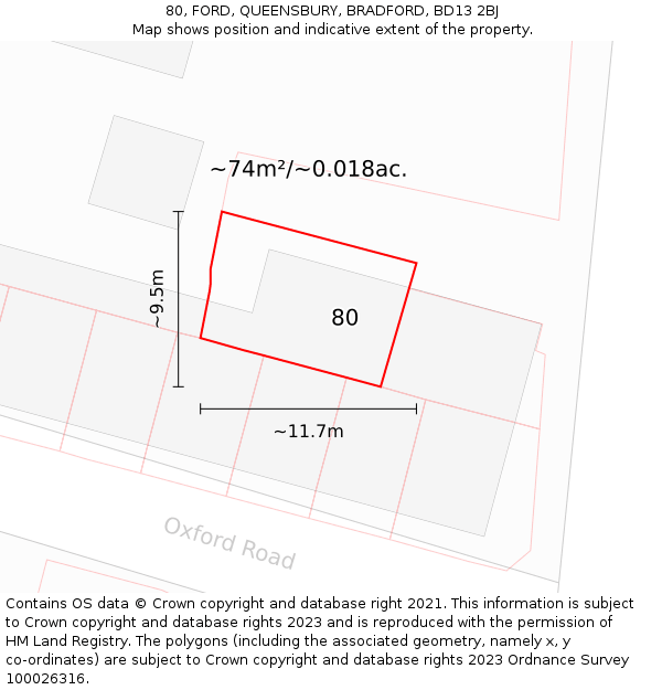 80, FORD, QUEENSBURY, BRADFORD, BD13 2BJ: Plot and title map