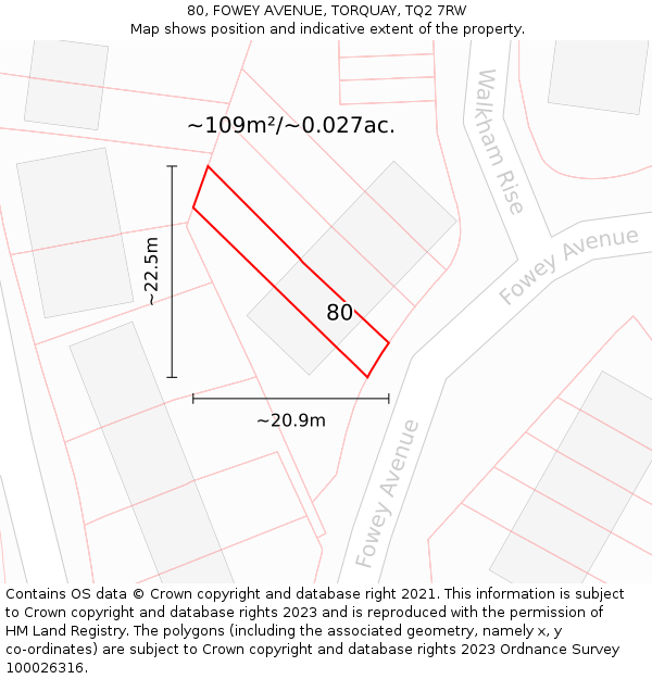 80, FOWEY AVENUE, TORQUAY, TQ2 7RW: Plot and title map