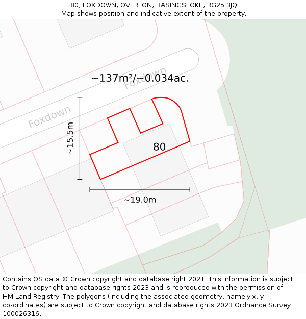 80, FOXDOWN, OVERTON, BASINGSTOKE, RG25 3JQ: Plot and title map