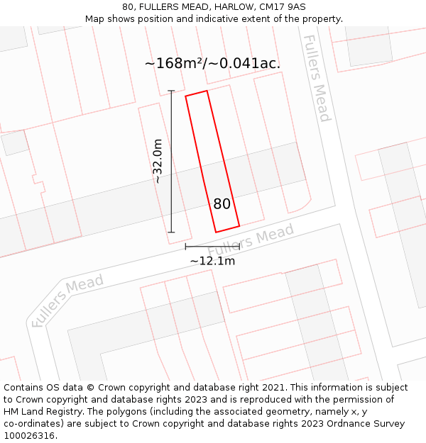 80, FULLERS MEAD, HARLOW, CM17 9AS: Plot and title map