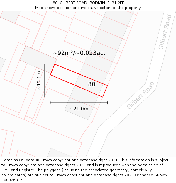 80, GILBERT ROAD, BODMIN, PL31 2FF: Plot and title map