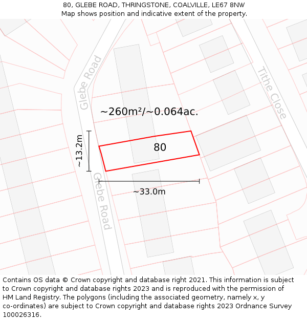 80, GLEBE ROAD, THRINGSTONE, COALVILLE, LE67 8NW: Plot and title map
