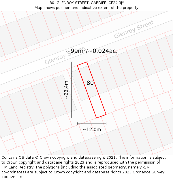 80, GLENROY STREET, CARDIFF, CF24 3JY: Plot and title map