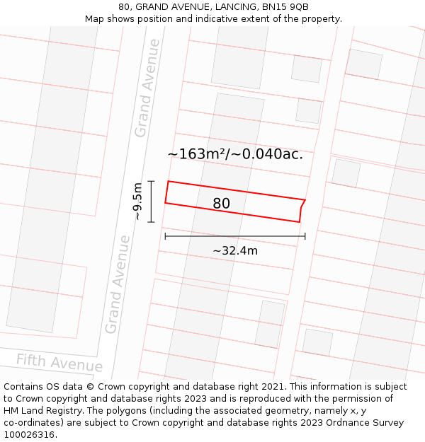 80, GRAND AVENUE, LANCING, BN15 9QB: Plot and title map
