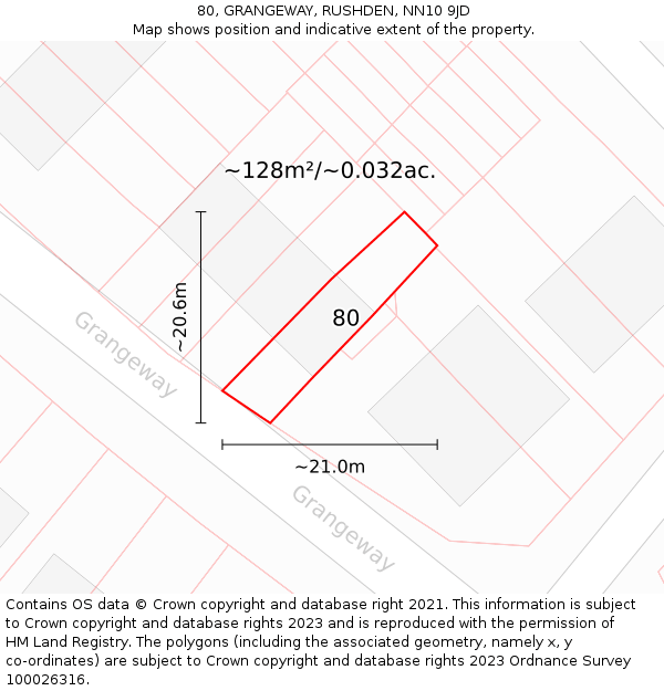80, GRANGEWAY, RUSHDEN, NN10 9JD: Plot and title map