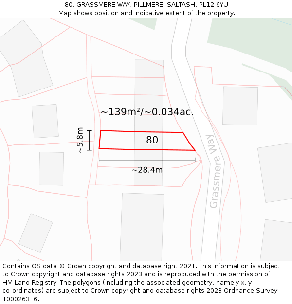 80, GRASSMERE WAY, PILLMERE, SALTASH, PL12 6YU: Plot and title map