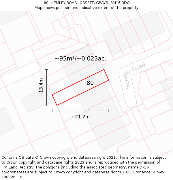 80, HEMLEY ROAD, ORSETT, GRAYS, RM16 3DQ: Plot and title map