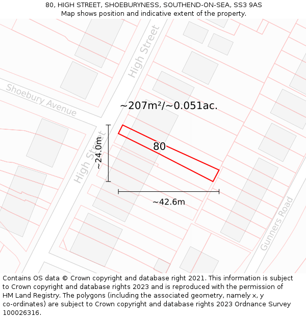 80, HIGH STREET, SHOEBURYNESS, SOUTHEND-ON-SEA, SS3 9AS: Plot and title map