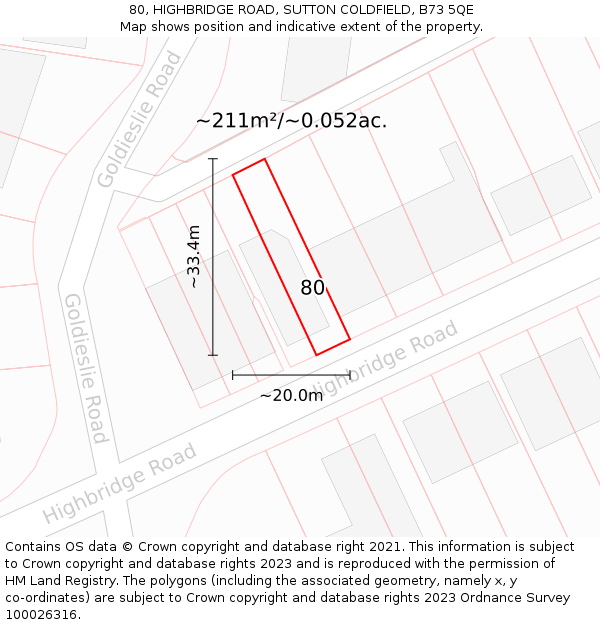 80, HIGHBRIDGE ROAD, SUTTON COLDFIELD, B73 5QE: Plot and title map