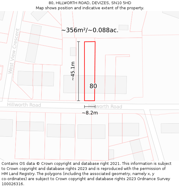 80, HILLWORTH ROAD, DEVIZES, SN10 5HD: Plot and title map