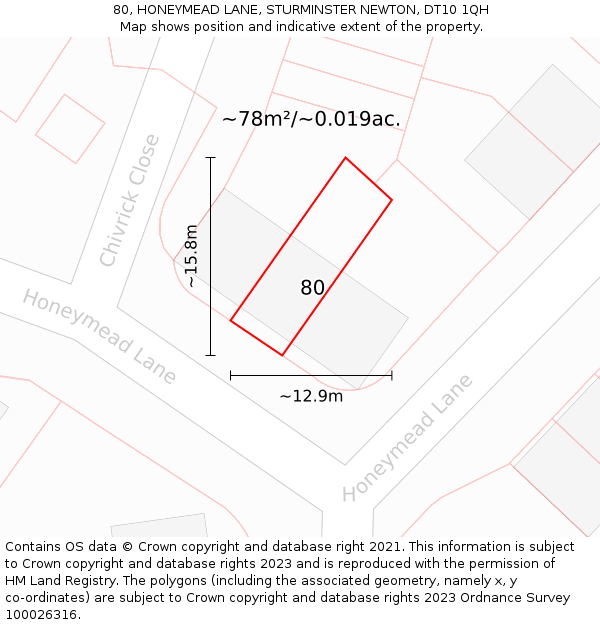 80, HONEYMEAD LANE, STURMINSTER NEWTON, DT10 1QH: Plot and title map