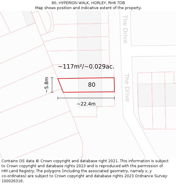 80, HYPERION WALK, HORLEY, RH6 7DB: Plot and title map
