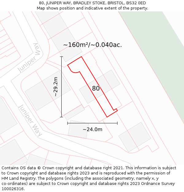 80, JUNIPER WAY, BRADLEY STOKE, BRISTOL, BS32 0ED: Plot and title map
