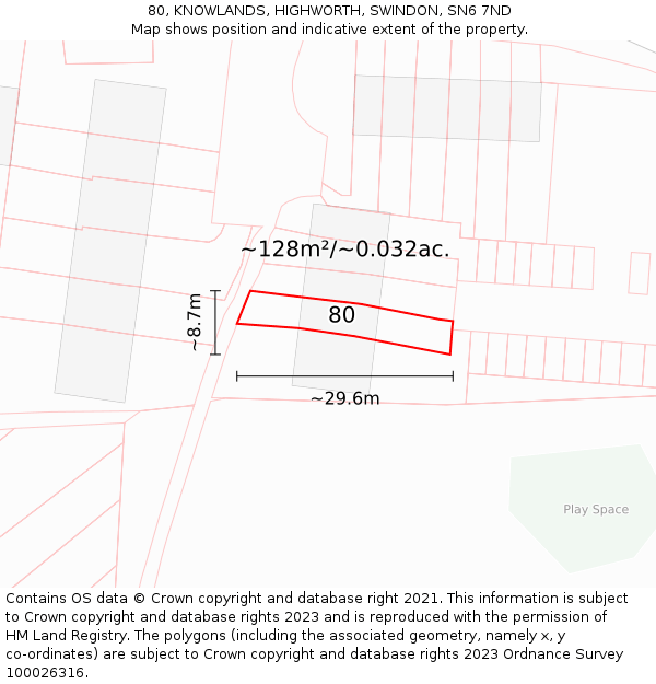 80, KNOWLANDS, HIGHWORTH, SWINDON, SN6 7ND: Plot and title map